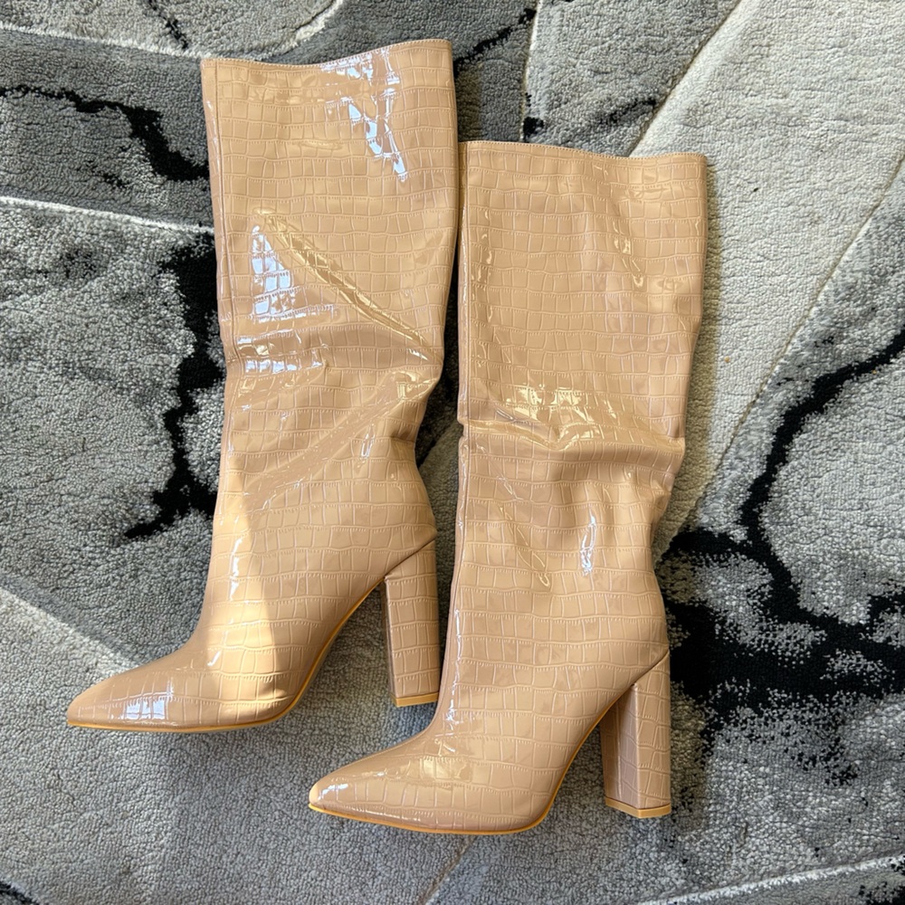 Patent Croc-Embossed Knee Boots in Nude - Women's Fashion Boots